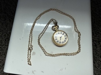 Vtg Avon President's Club 1981 Gold Tone Pocket Watch jewel necklace Untested