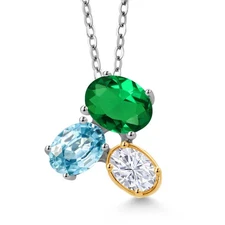925 Silver and 10K Yellow Gold Nano Emerald Blue Zircon and White Moissanite