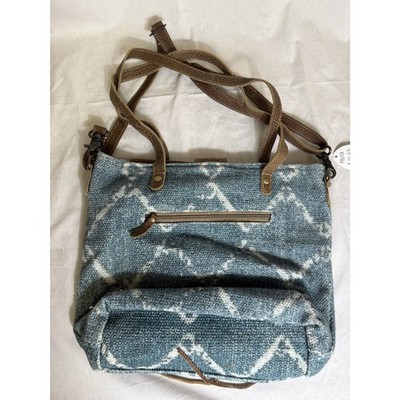 Boho Chic Blue Woven Diamond Pattern Handbag with Leather Accents 