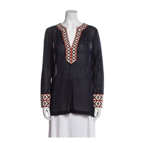 Tory Burch tunica donna blu manica lunga ricamata taglia 8