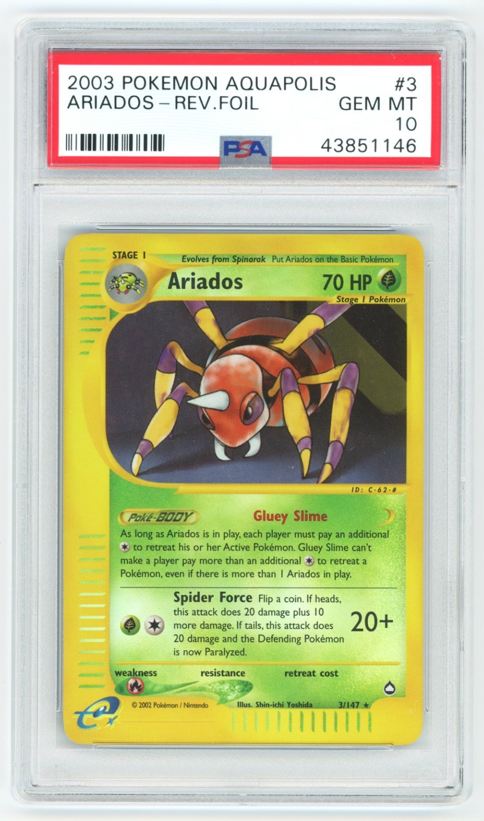 PSA 10 Ariados Reverse Holo 3/147 Aquapolis Pokemon 2003 - POP 15