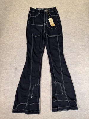 Aphrodite Jeans Juniors 5 Black High Rise Flare Cargo Stretch Denim Seamed