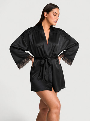 Victoria's Secret Black Satin Lace Trim Robe M/L