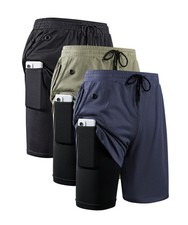3 Pack Mens 2 in 1 Running Shorts Quick Dry Gym Athletic Workout Shorts with ...