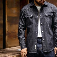 Camicia uomo retrò ranchman giacca sovracamicia western denim abbigliamento da lavoro bottoni a pressione