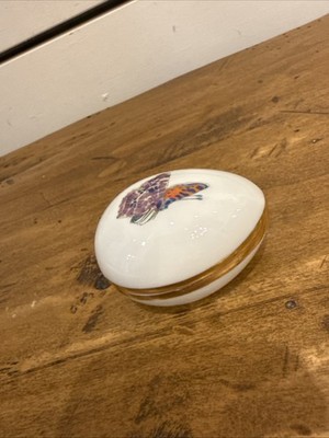 Limoges France Egg Shaped Porcelain Trinket Box with Colorful Butterfly 2.5 In