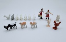 Lot of 15 Miniature Plastic Farm Animals and Farmers: Chickens, Lambs, Goat