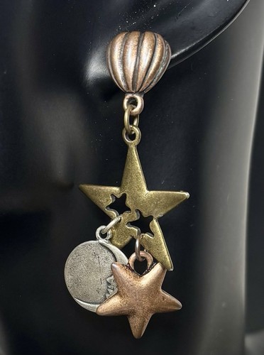 Vintage Signed Erwin Pearl Mixed Metal Pierced Dangle/Drop Earrings Moon Stars - Picture 5 of 10