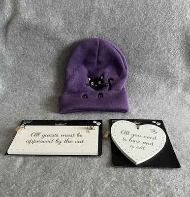Katzenliebhaber Konvolut schwarze Katze lila Beanie Mütze 2x Holz Plakette Schilder