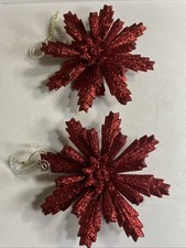 Set of 2 Red Glitter 3D Snowflake Christmas Ornaments Hangable