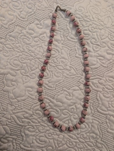 Vintage Chinese Porcelain Bead Necklace White & Pink Floral 28” Hand Painted