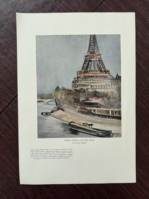 Eiffel Tower Seine River Paris Genevieve Gallibert Watercolor Vintage T&C 1930