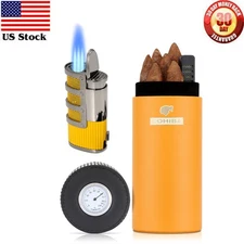 Travel Humidor Cigar Case Holder 3 Torch Jet Flame Butane Cigar Lighter Yellow