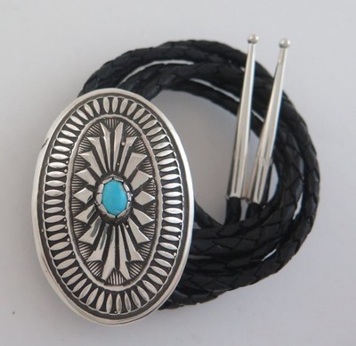 Radiant Sterling Silver & Turquoise Quality Southwestern Concho Bolo Tie