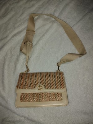 Beige Tan Woven Shoulder Bag with Gold Hardware, Adjustable Detachable Strap