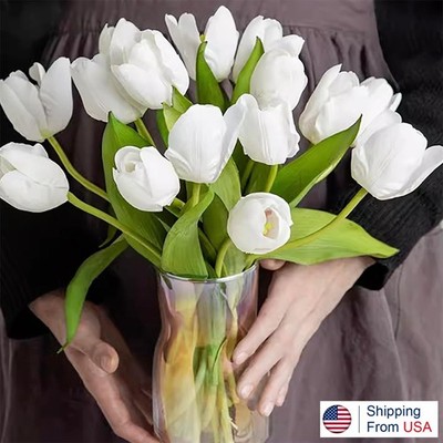 20× White Artificial Tulip Fake Flowers Real Touch Gifts Wedding Home Decor US