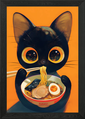 Black Cat Eating Ramen Illustration Framed Wall Art Poster Canvas Print Picture