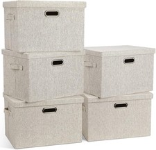 Large 17" 36 Quart Collapsible Stackable Storage Bins W/ Lids 5 Packs Beige