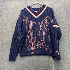 Tommy Hilfiger Pullover Mens Medium Navy Cable Knit Bleach Cotton Sweatshirt 90s