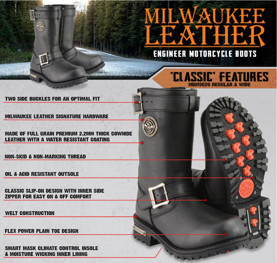 Milwaukee Leather 9020W Men's Black Leather WIDE Width Engineer