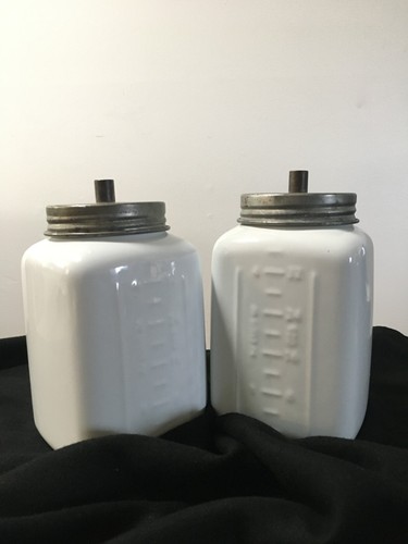 2 POTTERY BARN 8" FARMHOUSE RUSTIC WHITE CERAMIC CANISTERS GALVANIZED METAL LIDS - Picture 16 of 18