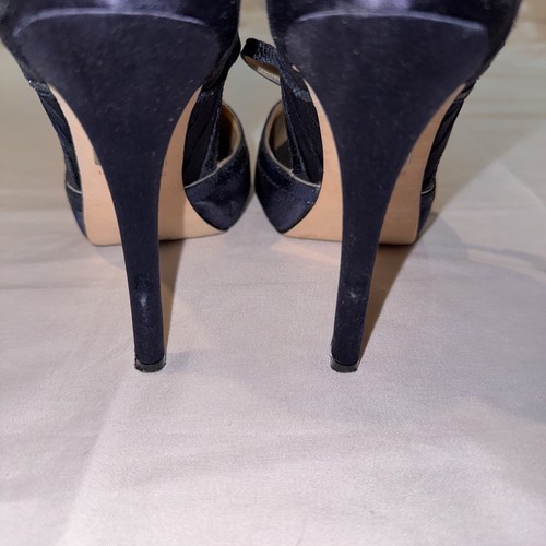 Badgley Mischka Satin Navy Blue Peep Toe Heels Size 8 Wedding Formal Platform - Picture 3 of 4