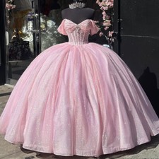 Pink Quinceanera Dresses Glitter Sweet 15 16 Party Pageant Beaded Ball Gowns