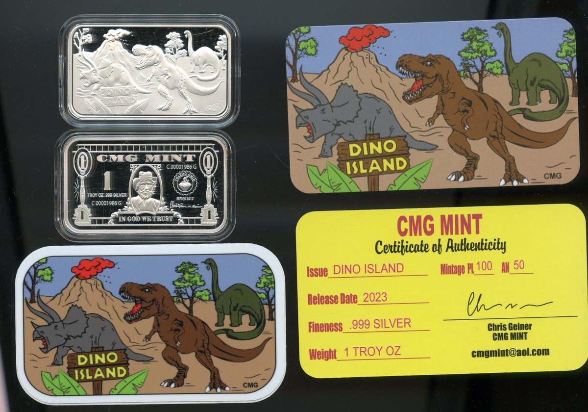 CMG Mint DINO ISLAND 1-OZ Proof .999 Silver Bars w/ COA & Sticker