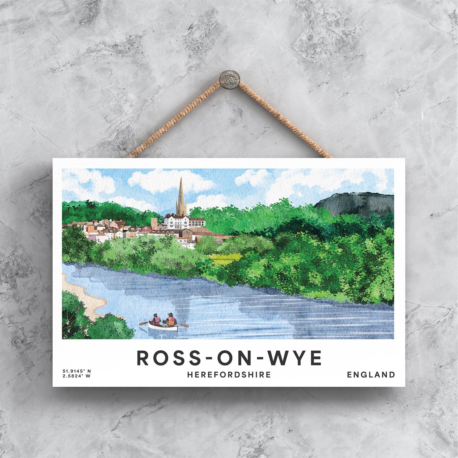 Ross On Wye Illustration Printed On Wooden Hanging Standard Plaque