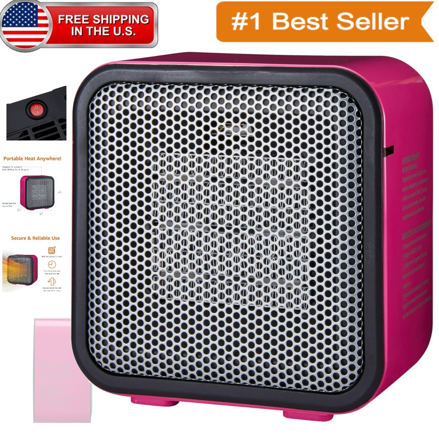 500W Ceramic Mini Space Heater in Pink - Efficient Tabletop Heating Solution