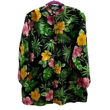 RALPH LAUREN Tunic Top Blouse Tropical Floral Linen Asian Knot Button Large