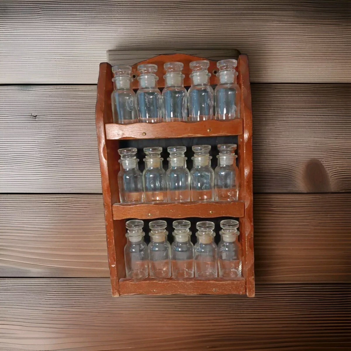 Vintage Wood Spice Rack w/ Shelves 15 Un-labeled Glass Bottles