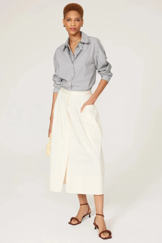 Falda linterna TIBI Eco popelina crema tiro medio algodón orgánico bolsillos abotonados - 0