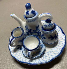 Chinese Tea Set Dollhouse Blue/White Porcelain-Pot-Creamer-Sugar-Cup-Saucer-Tray