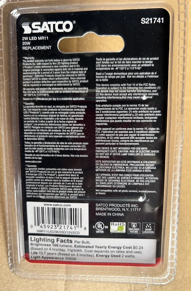 Satco S21741 12V 100 lm. GU4 Clear Soft White MR11 Floodlight LED Bulb 2W 20V - Image 2 of 3