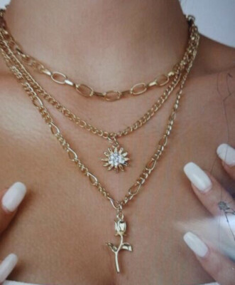 Yellow Gold Color Rhinestone Flower Charm Triple Layered Necklace