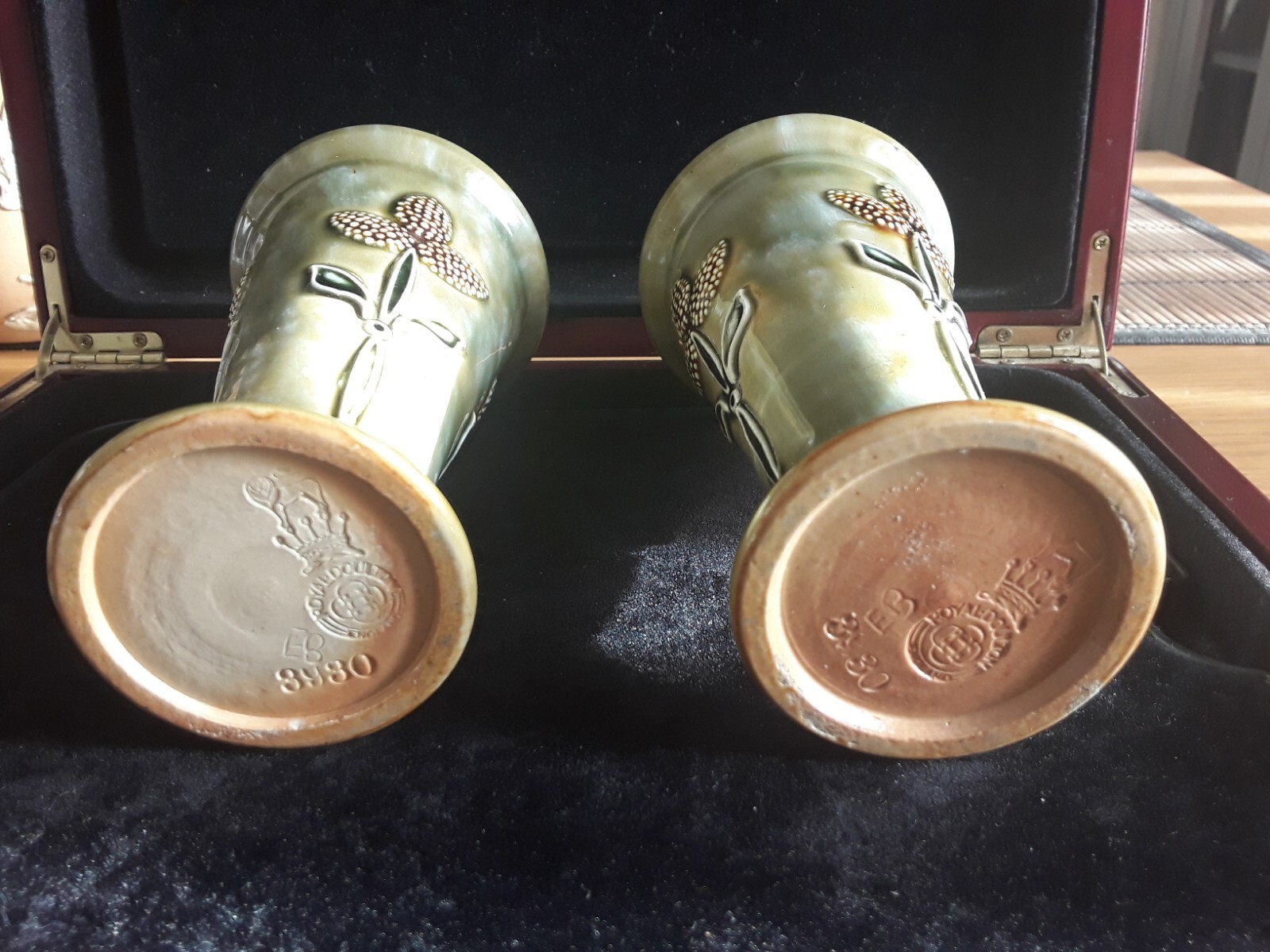 Royal Doulton Lambeth Art Nouveau Vases Silver Rims Ethel Beard c