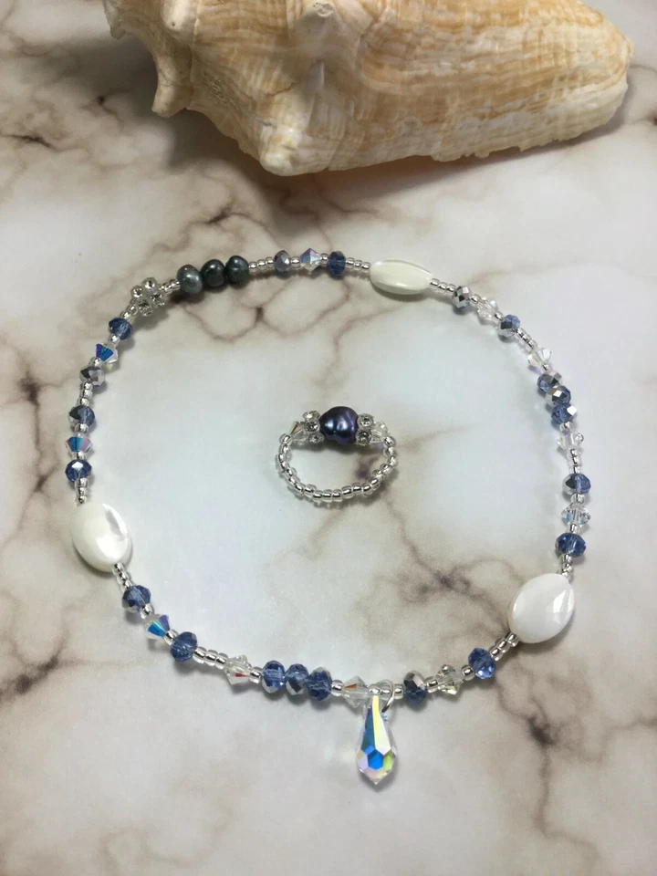 Tobillera hecha a mano de cristal madreperla con elementos de Swarovski + anillo de dedo del pie gratis EE. UU. Foto 4 de 4