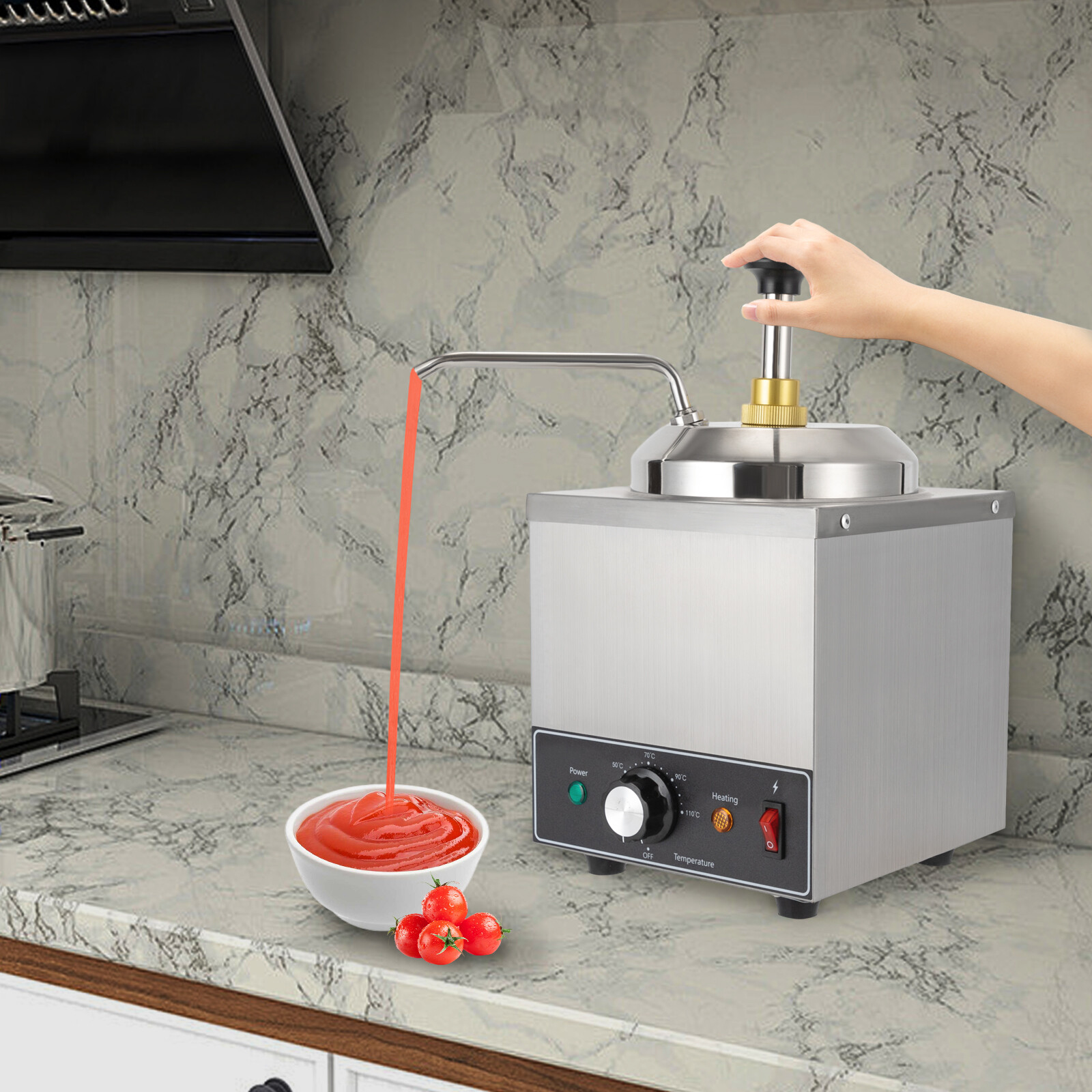 2L Stainless Steel Sauce Warmer with Pump, 650W 110V Adjustable Temperature