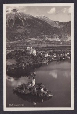 Vintage postcard Yugoslavia Slovenia Bled aerial lake island view