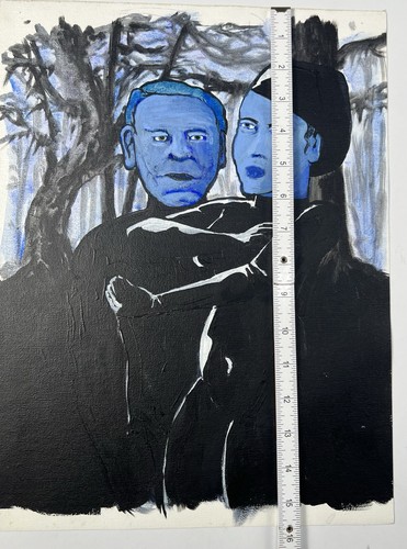 1990s Acrylic On Canvas Outsider Painting Blue Figures In Black Forest 16x12” - Picture 8 of 9