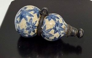 Japanese 18th/19th C. Edo Silver Mounted Blue and White Porcelain Gourd Netsuke