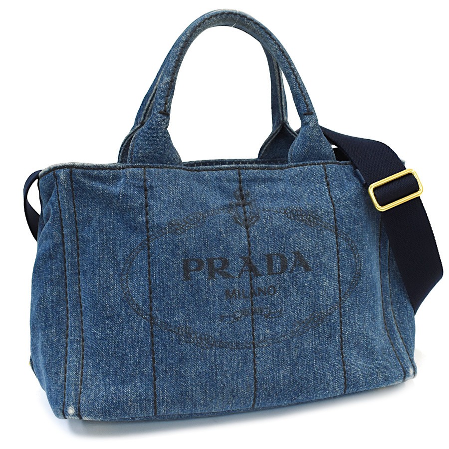 PRADA Canapa Tote Bag 2way Shoulder Bag 1BG439 Denim Blue Triangle from japan