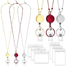3-Pack Retractable ID Badge Lanyards w/ 6 Holders - Red, Silver, Gold Stainless 