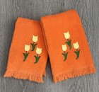 VTG Martex Bright Orange Fringe Finger Towels Yellow Tulips 70’s (2) Floral USA — photo 1