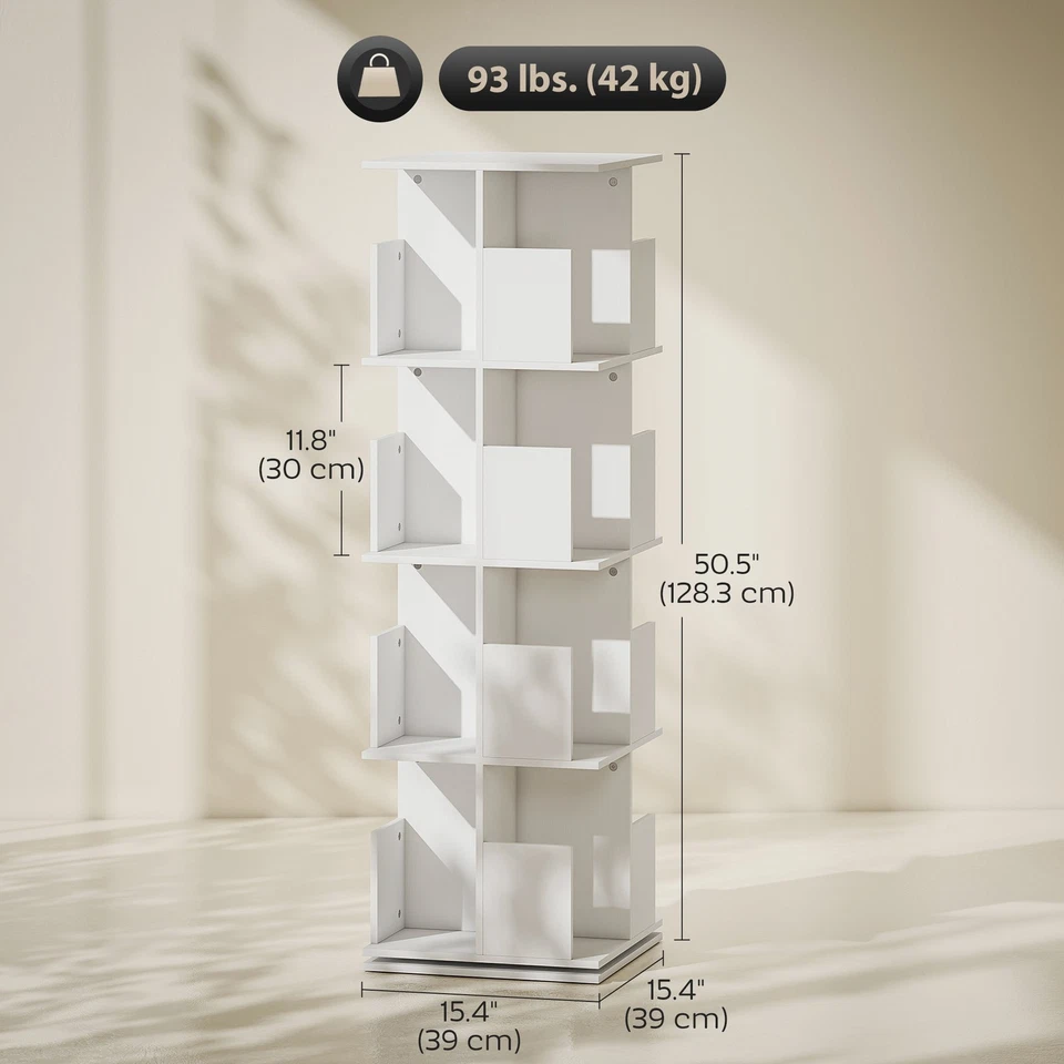 HOMCOM 4 Tier Rotating Bookshelf 360° Revolving Bookcase with Cubbies White - Imagem 2 de 4