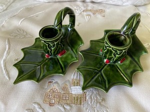 VTG Ceramic Christmas Candle Holders With Holly & Red Berries