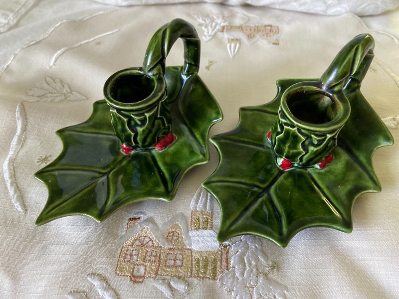 VTG Ceramic Christmas Candle Holders With Holly & Red Berries