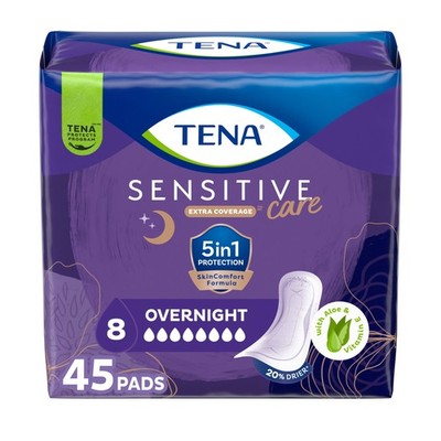 Tena Sensitive Care Extra Coverage Overnight Incontinence Pads, 45 Count
