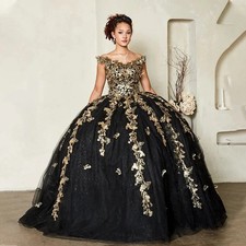 Negro Charro Quinceañera Vestidos Vestido de Baile Fuera del Hombro Apliques Mexicanos